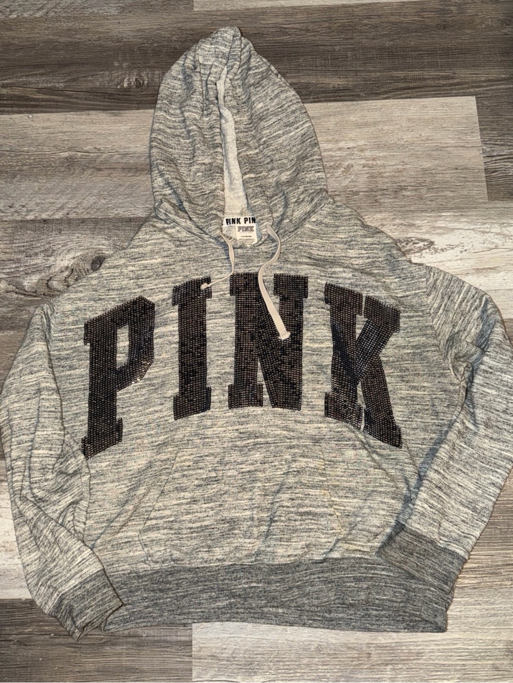 PINK Cozy Gray Hoodie with  Sequin Logo size large